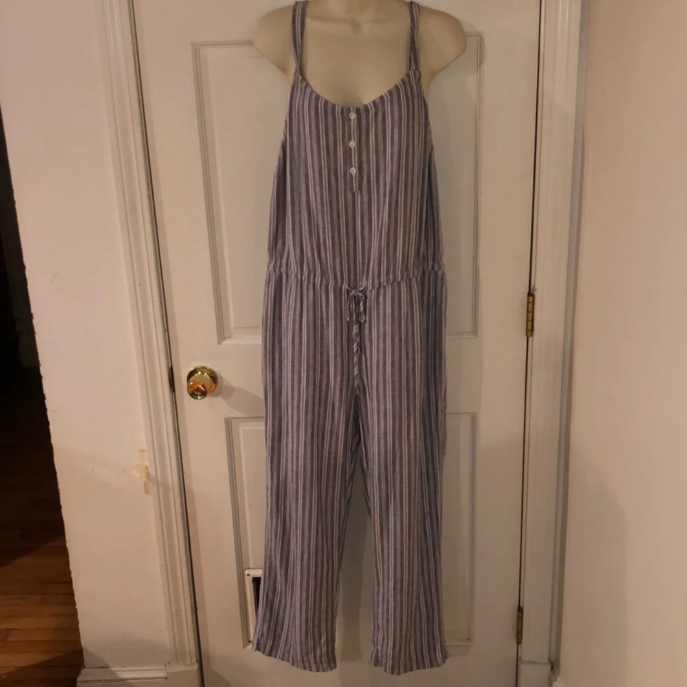 Rails size large sleeveless blue & white stripe jumpsuit with drawstring waist